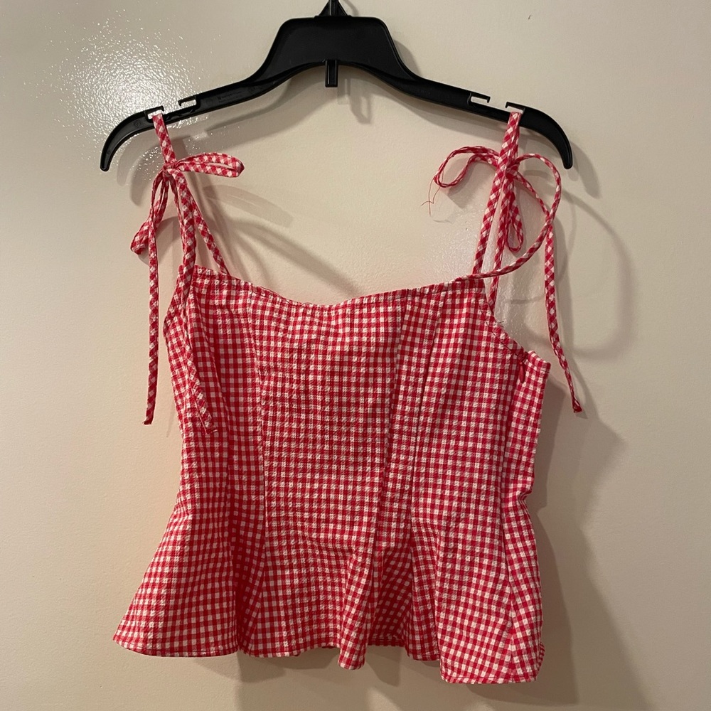 Zara. Gingham red spaghetti strap top. With bows. Never worn. New with tags. Xs.